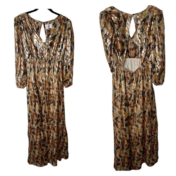 NWT BA&SH Gold Metallic Printed Gullian Robe Maxi Dress Long Sleeve Ochre XS - Picture 13 of 16